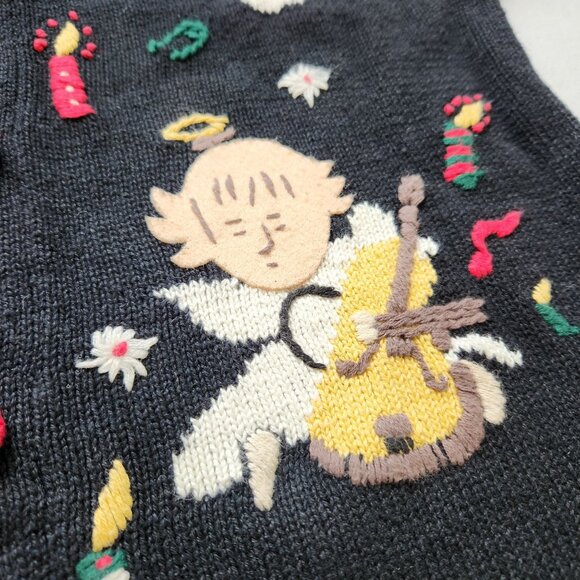 Vintage Angel Christmas Cardigan Sweater Black Red Winter Holiday Party Grandma - Picture 5 of 10